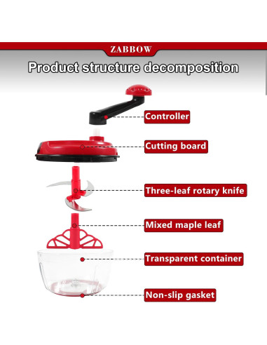 Procesador de Alimentos Manual ZABBOW 1.5L Rojo Picador de Manivela