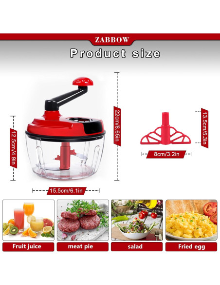 Procesador de Alimentos Manual ZABBOW 1.5L Rojo Picador de Manivela