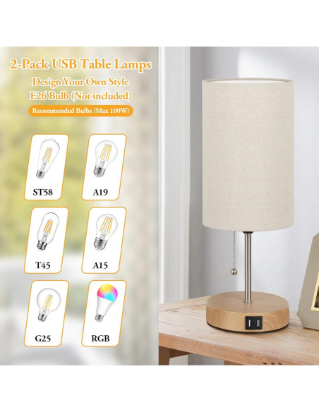 Juego de 2 Lámparas de Mesa Lakumu con Puertos USB Beige