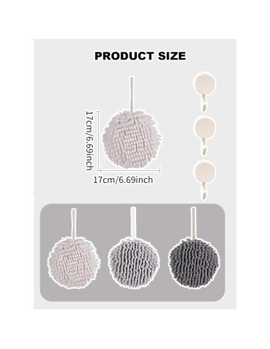 3 Toallas de Mano Chenille con Ganchos Secado Rápido 17cm