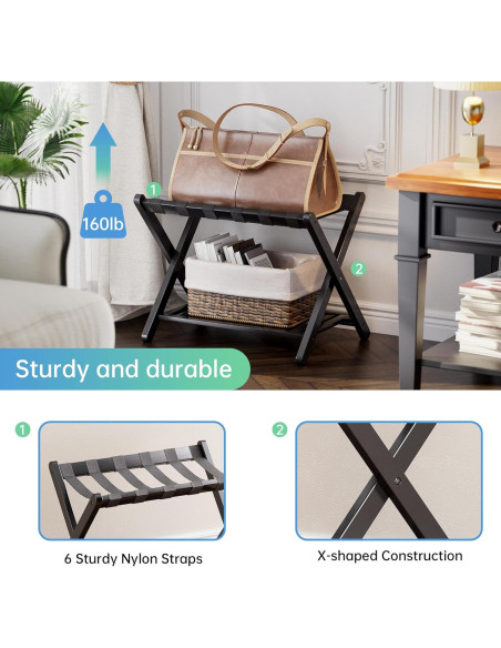 Soporte para Equipaje Plegable SMIBUY 2 Niveles Bambú Negro Soporte para Equipaje Plegable SMIBUY 2 Niveles Bambú Negro