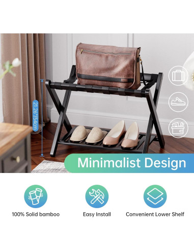 Soporte para Equipaje Plegable SMIBUY 2 Niveles Bambú Negro