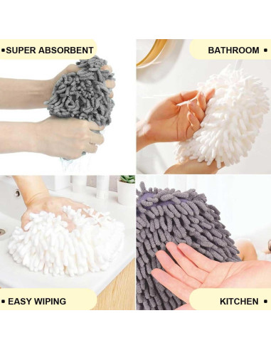 3 Toallas de Mano Chenille con Ganchos Secado Rápido 17cm