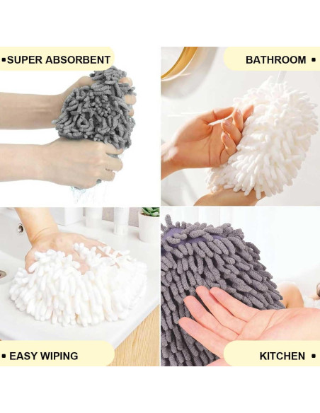 3 Toallas de Mano Chenille con Ganchos Secado Rápido 17cm