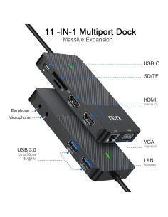HUB USB-C GIQ D3908 Adaptador 11 en 1 HDMI VGA Negro 2