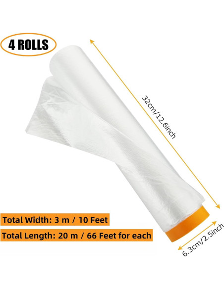 4 Rollos de Plástico para Pintores 3m x 20m con Cinta LDHHYH