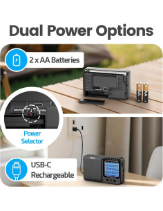 Radio Portátil PRUNUS J-711 AM/FM/SW Carga USB-C y Baterías AA 2