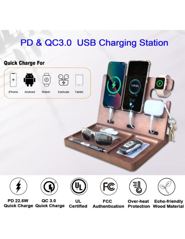 Estación de Carga de Madera Xunhomon 3 en 1 USB C QC 3.0