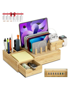 Estación de Carga de Bambú Darfoo con 7 Puertos USB y Cajón