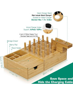 Estación de Carga de Bambú Darfoo con 7 Puertos USB y Cajón 2