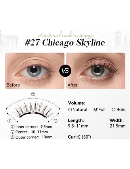 Pestañas Magnéticas WOSADO Skyline de Chicago 21.5mm Reutilizables Pestañas Magnéticas WOSADO Skyline de Chicago 21.5mm Reutilizables