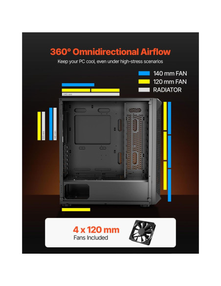 Caja de Juegos para PC VEVOR Torre Media con 4 Ventiladores