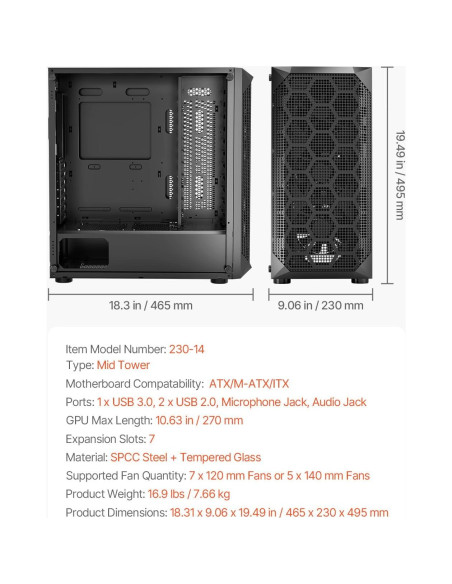 Caja de Juegos para PC VEVOR Torre Media con 4 Ventiladores