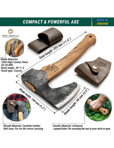 Hacha de Bushcraft BeaverCraft AX6 - 29.5 cm, Acero Alto Carbono