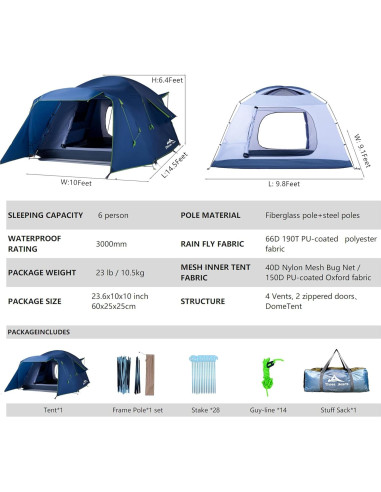 Tienda de Camping Tres Osos LC03 para 6 Personas Impermeable