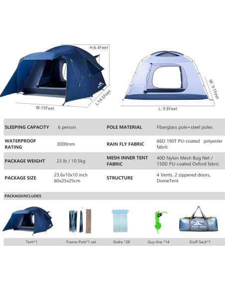 Tienda de Camping Tres Osos LC03 para 6 Personas Impermeable