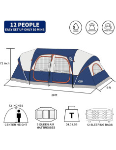 Carpa de Camping CAMPROS CP para 12 Personas Azul 3 Habitaciones 2
