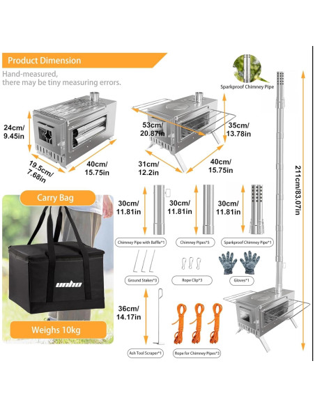 Estufa de Leña Portátil Unho de Acero Inoxidable 9.98 kg