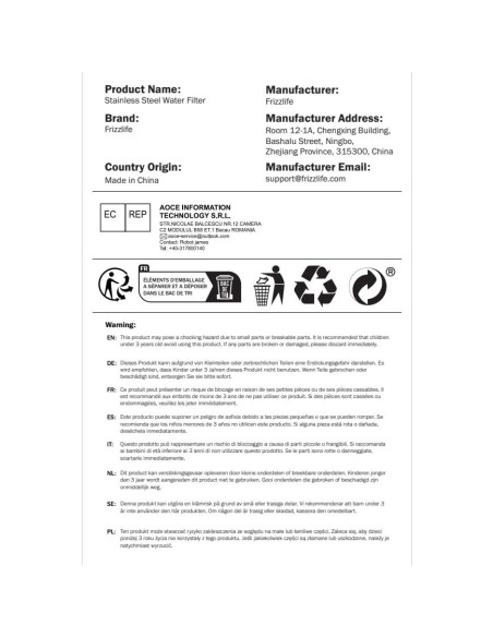 Filtro de Agua Frizzlife G210, Acero Inoxidable 8.5L