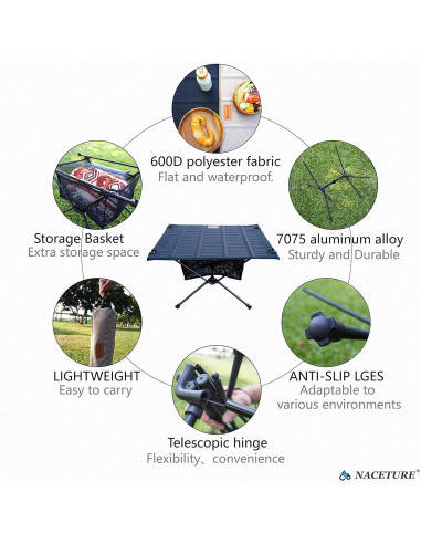 Mesa de Camping Plegable NACETURE Negra con Malla 0.82 kg