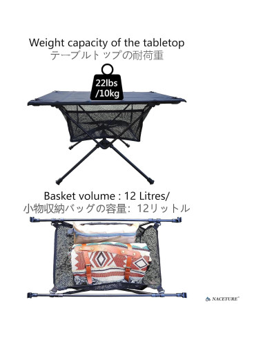Mesa de Camping Plegable NACETURE Negra con Malla 0.82 kg