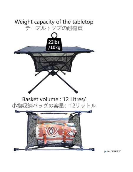 Mesa de Camping Plegable NACETURE Negra con Malla 0.82 kg