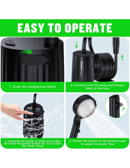 Ducha Portátil Spopal 10000mAh 5 Velocidades IPX8 Camping Ducha Portátil Spopal 10000mAh 5 Velocidades IPX8 Camping