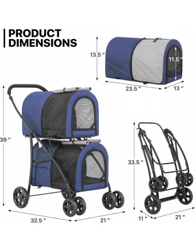 Carrito Doble para Mascotas MoNiBloom 4 Ruedas Plegable 15.88 kg