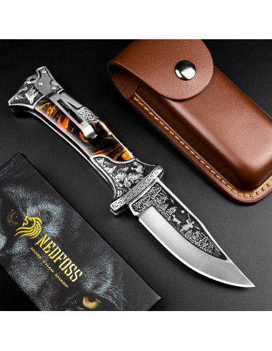 Cuchillo Plegable NedFoss Rugido de Tigre 8.89 cm con Funda