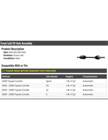 Eje CV Izquierdo Toyota Corolla 2003-2008 1.8L Automático