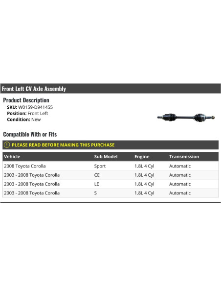 Eje CV Izquierdo Toyota Corolla 2003-2008 1.8L Automático
