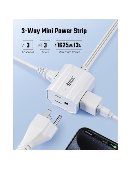 Cable de Extensión 0.46m SUPERDANNY 3 Salidas Enchufe Plano