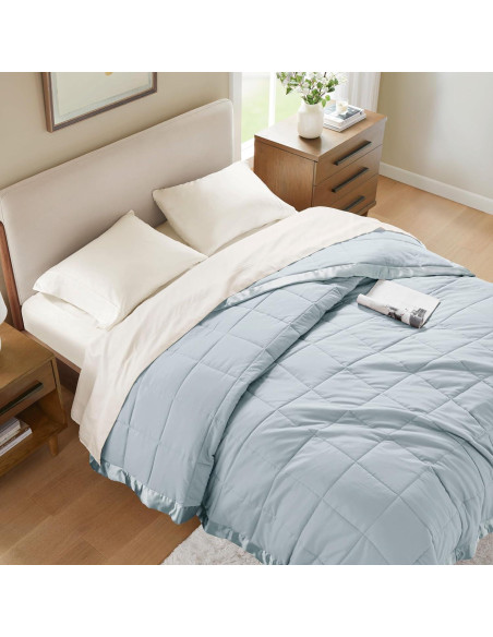 Manta Doble Madison Park Windom Microfibra Azul con Ribete Satinado