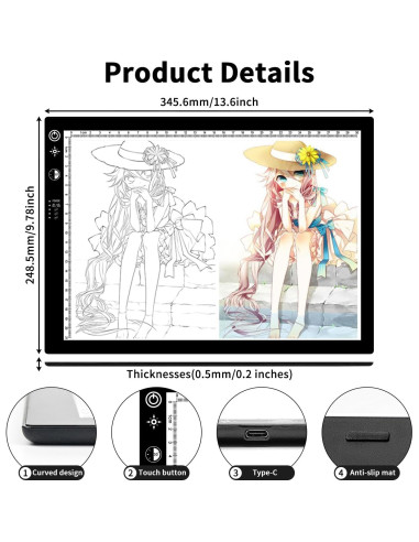 Caja de Luz LED A4 DKQFOO Ultra Fina con 3 Brillos y Temporizador