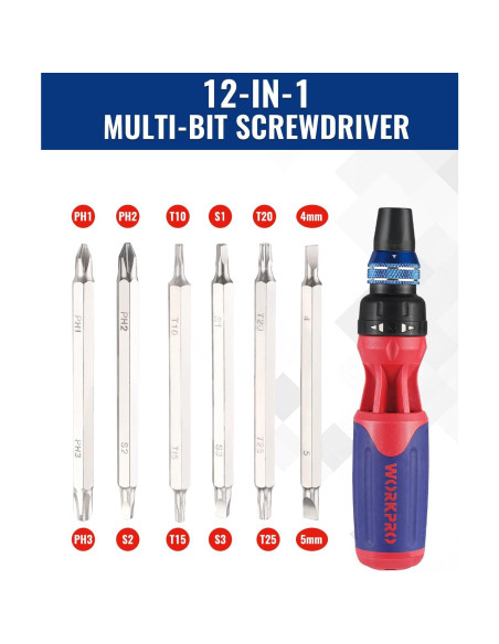 Destornillador Carraca 12-en-1 WORKPRO con Puntas Intercambiables