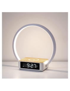Lámpara de Mesa Táctil WILIT con Reloj Despertador y Cargador Inalámbrico - Grano de Madera