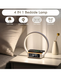 Lámpara de Mesa Táctil WILIT con Reloj Despertador y Cargador Inalámbrico - Grano de Madera 2