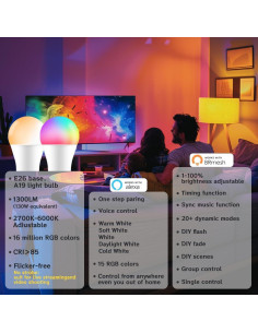 Bombillas Inteligentes UCB A19 E26 12W 1300LM RGB Alexa - Paquete de 4 2