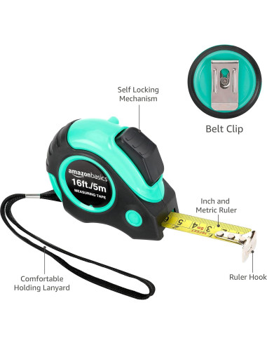 Cinta Métrica Amazon Basics 4.9 m Turquesa Retráctil