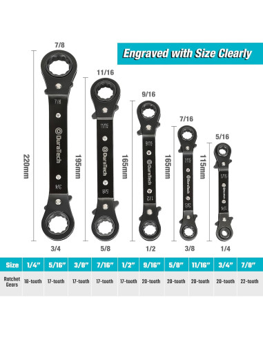 Juego de 5 Llaves de Carraca Reversibles DURATECH 1/4-2 pulgadas