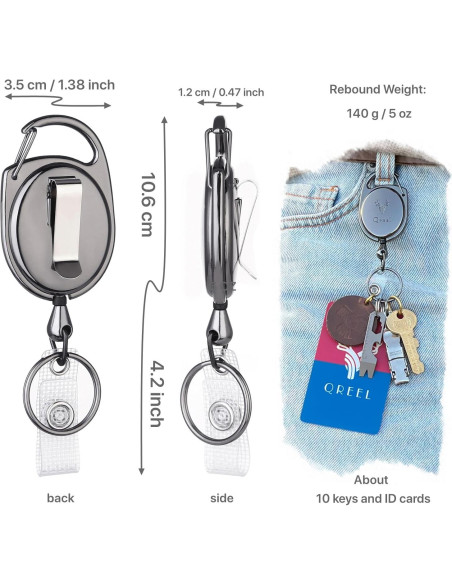 Llavero Retráctil de Metal QREEL con Clip y Mosquetón - Paquete de 2