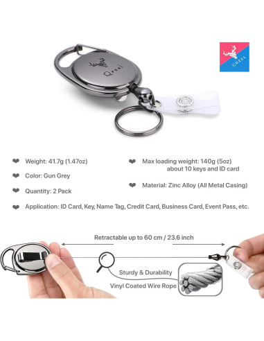 Llavero Retráctil de Metal QREEL con Clip y Mosquetón - Paquete de 2