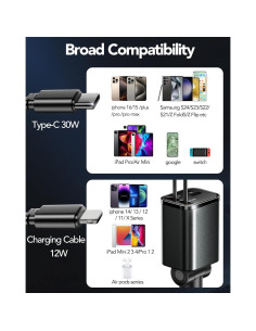 Cargador de Coche Retráctil EloBeth 69W 4 en 1 USB C 2