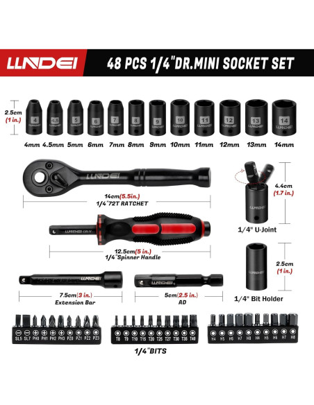 Juego de Llaves de Carraca Mini LLNDEI 48 Piezas 1/4"