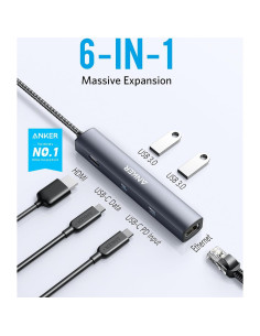 Hub USB-C 6-en-1 Anker A83650A1 65W HDMI 4K Ethernet 2