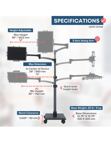Soporte Rodante para Tabletas LEVO G2 Deluxe - Color Gunmetal