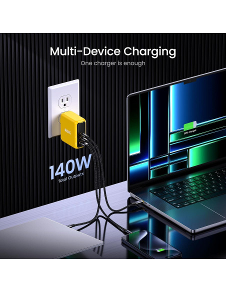 Cargador AOHI Magcube 140W USB-C 3 Puertos Amarillo