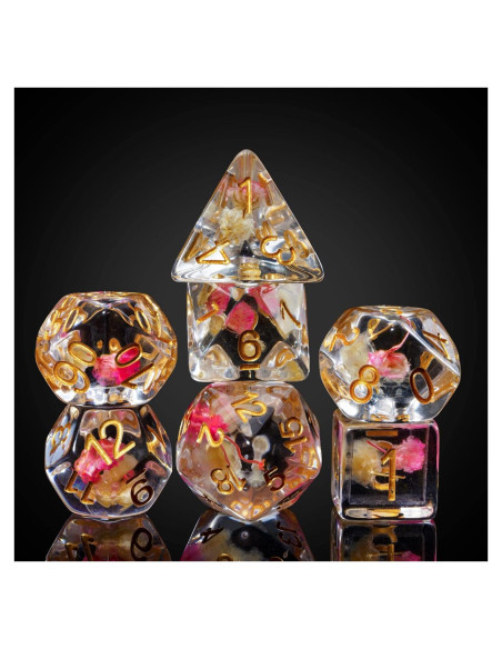 Cusdie Juego de 7 Dados DND Flores Rosa/Blanco Dorados