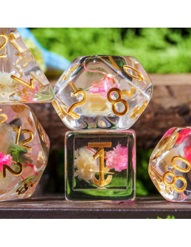 Cusdie Juego de 7 Dados DND Flores Rosa/Blanco Dorados