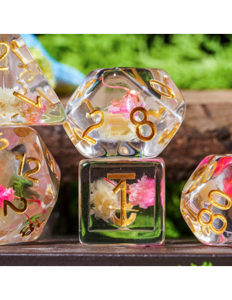 Cusdie Juego de 7 Dados DND Flores Rosa/Blanco Dorados